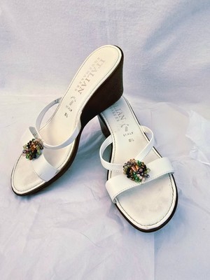 Itian Shoemakers White Strap Beaded Accent Wedges Sz 8.5