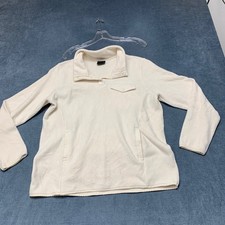 Womens Fleece Sweatshirt Beige Snap Front Chest Pockets Mock Neck Elastic Waist