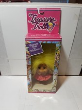 Vtg Ace Novelty Dressed Treasure Troll w/Wishstone Yellow Hair Pink/ White Dress
