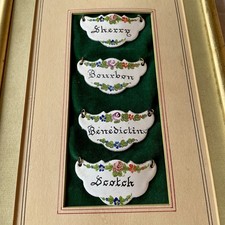 Framed Antique French Liquor Bottle Tags Hand Painted Enamel Barware Cocktail