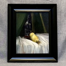 DELANDER ART Wine & Pear Contemporary Oil Painting Original, Canvas, Framed 10x8
