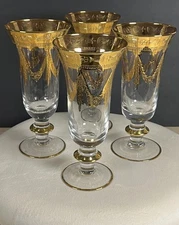 Interglass Italy "Champagne" 4-pc Crystal Glasses, Vintage Design, 24K Gold