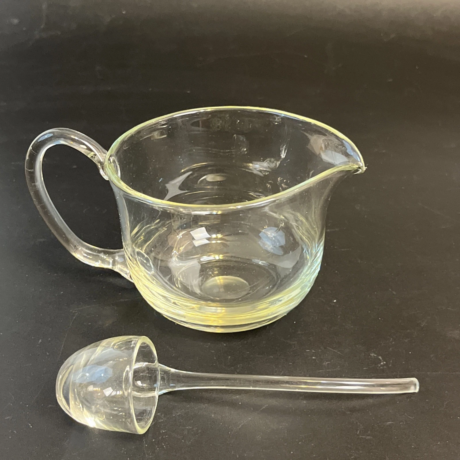 Vtg Blown Glass Gravy Sauce Boat & 7" Ladle Condiment Spoon Applied Handle Set