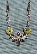 Unique Lotus Flower Floral Necklace in Sterling Silver, Jade & Amethyst