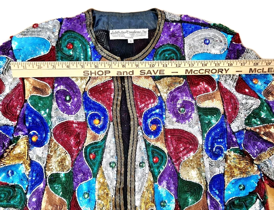 JUDITH ANN CREATIONS Vtg Sequin Beaded Jacket Sz S Silk Shell Padded Shoulders  - Image 4 of 4