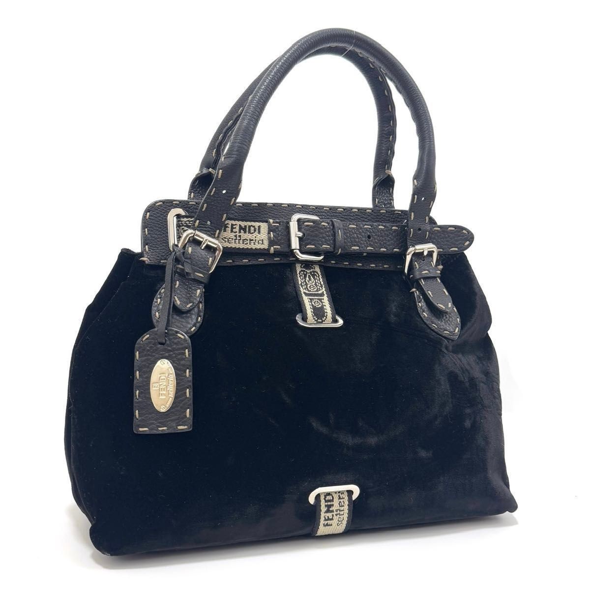 RARE FENDI Serelia Black Suede Leather Tote Shoulder Bag Logo Emboss