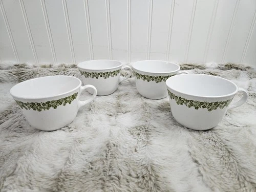 Set of 4 Vintage Corelle Spring Blossom Crazy Daisy Green Coffee Cups Mugs 1970s
