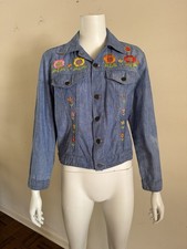 1970s Vtg Womans Chambray Embroidered Trucker Jacket 70s Hippie Biker Small