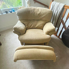 Retro Beige Fabric Armchair & Footstool Cushioned Back Pillow Top Arms