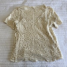 Adiva Women's Ivory Crochet Short Sleeve Lined Blouse Size Medium