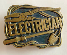 Solid Brass ELECTRICIAN Belt Buckle by Baron Buckles 1980 Black enamel Tools
