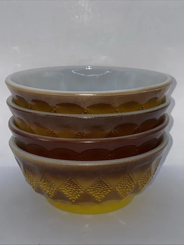 Vintage Fire King Kimberly Diamond Yellow Brown 5" BOWLS Set of 4 Anchor Hocking