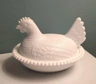 Vtg WHITE Indiana Milk Glass Chicken Hen Nest Covered Dish Trinket Candy Dish