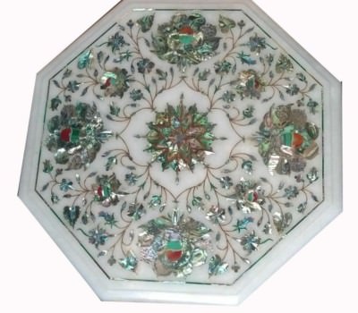 12'' White Marble Corner Table Top Semi Precious Stones Inlay Floral Design