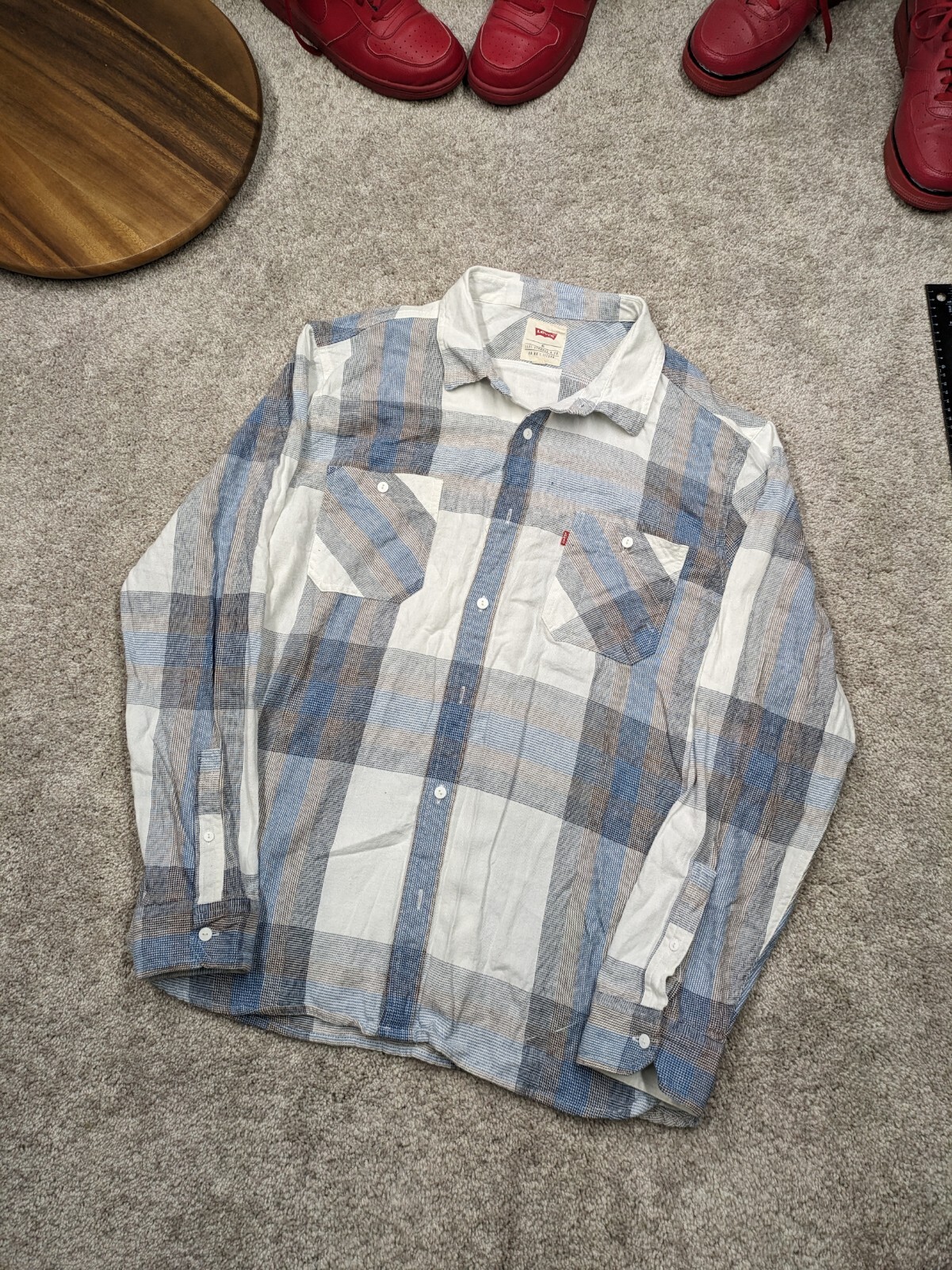 Levis Flannel Shirt Mens Extra Large Plaid Button Long Sleeve White Blue Gray-image