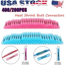 400/200pcs 22-14-10AWG Heat Shrink Butt Wire Splice Connectors Crimp Terminals