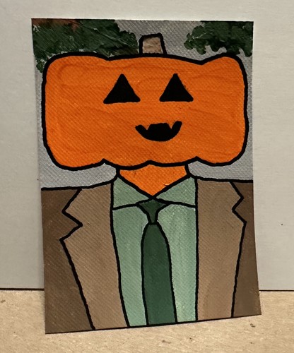 Original ACEO Art Card - Jack-o’-lantern Man - 3.5 in x 2.5 in Acrylic Painting - Picture 2 of 3