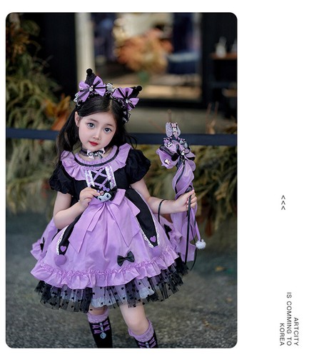 Cartoon Kuromi Purple Lolita Princess Dress Lace Dress Skirt W/Necklace Kid Girl - Picture 17 of 24
