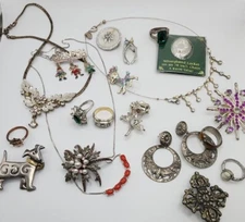 Vintage Silver Tone Jewelry Lot Mixed Materials Wearable