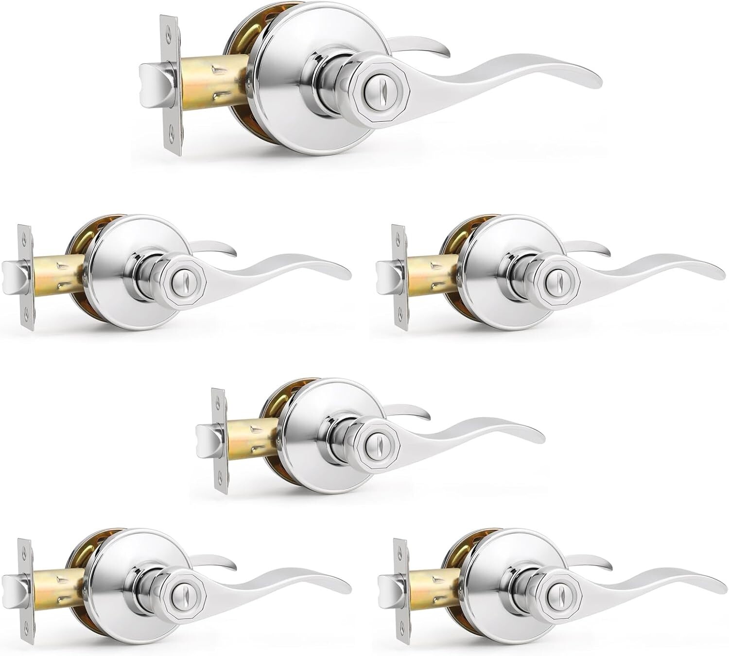Privacy Door Handle Lever Set—Polished Chrome 6 Pack, Easy Install & Reversible-image
