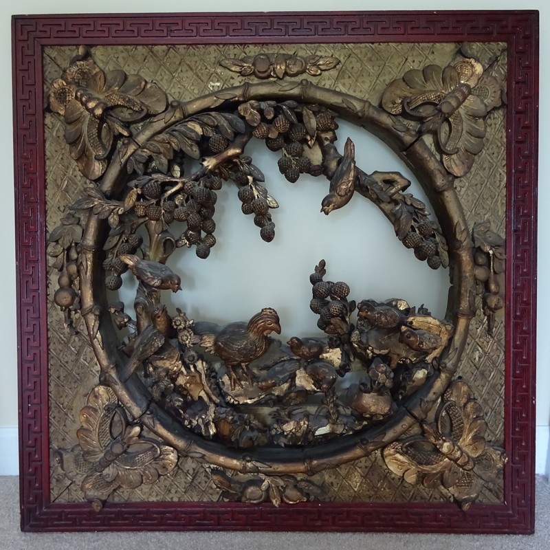 AMAZING & XLRGE Antique Carved Wood Asian Wall Panel - Birds Grapes Butterflies