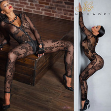 Noir Handmade Long Transparent deep cut overall Bondage open crotch catsuit