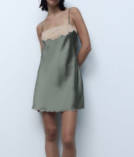 ZARA WOMEN SEA GREEN SATIN SHORT LACE DRESS LIMITED NIGHTGOWN  NEW TAG SIZE M 10