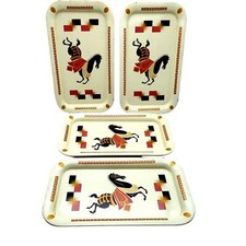 Vintage Metal Serving Lap Trays Set of 4 Decorative MCM Calvalcade Horse 14"x9"