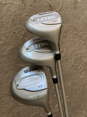 SET 0F 3 LADIES WILSON ULTRA GOLF WOODS 13 5 7 GRAPHITE SHAFTS Gold Color RH