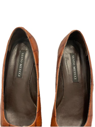 Sesto Meucci Italy Brown Leather Square Toe Block Kitten Heels Pumps Size 7.5 - Picture 4 of 4