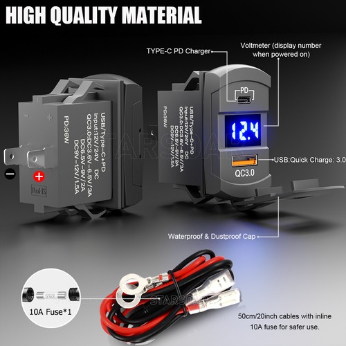 12V Charger Voltmeter Rocker Switch 36W USB/Type-C+PD Blue LED Boat Car Truck - Picture 2 of 6