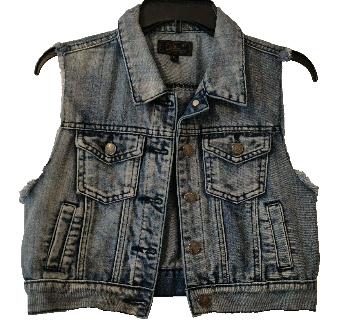 Chi Ole Denim Architect Junior Women's Large Jean Vest Distressed Cropped  Denim