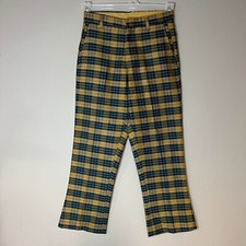 VTG 70s Yellow Tartan Plaid Pants 1970s Hippie Trousers Size 27 x 26 Womens