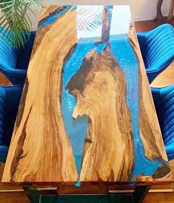 Blue Epoxy Side Table, Resin Wood Table, Living Room Table, Office Meeting Decor