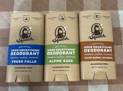 3 Pk Dr. Squatch Deodorant Wood Barrel Bourbon, Alpine Sage, Fresh Falls 2.65oz