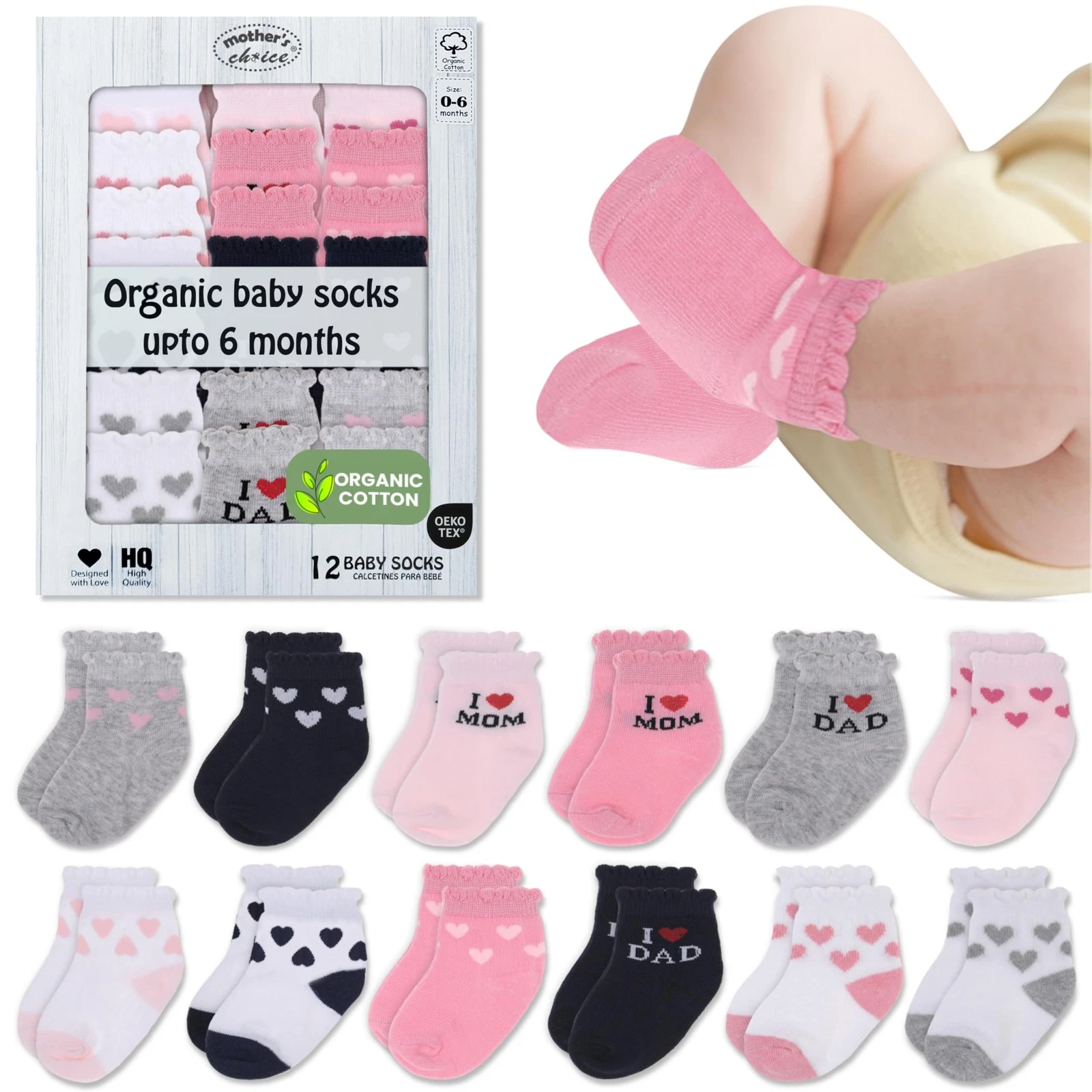 Mother's Choice Organic Cotton Baby Socks 0-6 Months - 12 Months, Pink