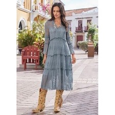 Sundance Womens XXL Dusty Blue Tiered Lace Midi Dress Boho Ruffle Sheer No Slip