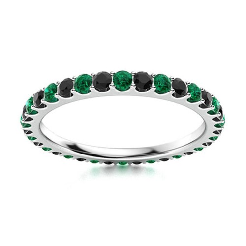 925 Sterling Silver Full Eternity Round Black Spinel & Emerald Ring For Women
