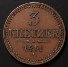 1851 A Austria 3 Kreuzer  Copper Coin 	KM# 2193
