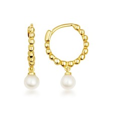 14K Yellow Gold Pearl Drop Huggie Hoop Earrings