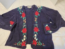 Vtg 90s Orvis Blue Poinsettia Embroidered Christmas Holiday Cardigan Sz L Festiv