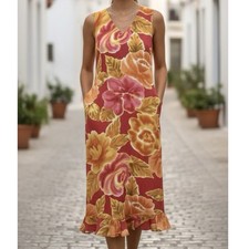 Vtg Y2K Bold Floral Sun Midi Dress Tropical Cottagecore Ruffle flounce Hem S