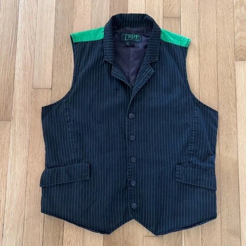 Vintage Tripp NYC Vest Pinstripe Y2K Daang Goodman Mens L Black Neon Green Goth - product listing photo