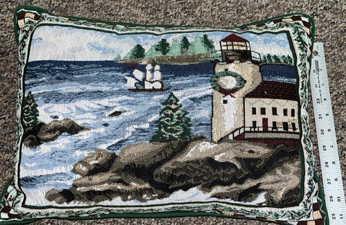 VTG Maine Rocky Coast Tapestry Decorative Throw Pillow Lighthouse Trees 12"x17" - Picture 6 of 6