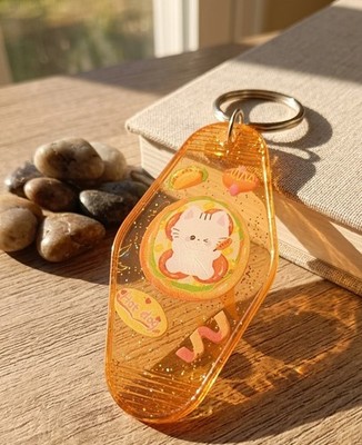 Handmade UV Resin Hot Dog Cat Motel Keychain - Translucent Orange Glitter Retro