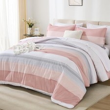 Full Size Comforter Set 7 Pieces - Pink Striped Lightweight Bed in a Bag,