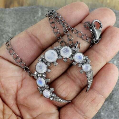 Collana Pavimentazione Naturale Pietra Preziosa di Luna Diamante Pietra Preziosa Argento Sterling 925 - Foto 1 di 6