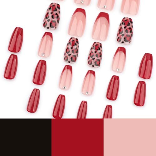 Red Press on Nails Medium Coffin Fake Nails French Tip False Nails Red French - Afbeelding 6 van 7