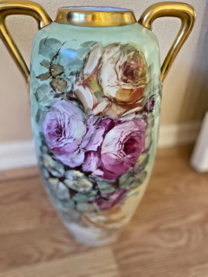 Antique Hand Painted Roses Vase Large 15  1/2 Austrian