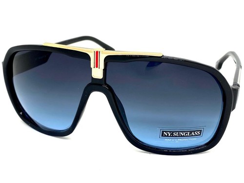 Mens Classic Vintage Retro Hip Hop Style SUN GLASSES Large Black Frame Blue Lens - Picture 2 of 6